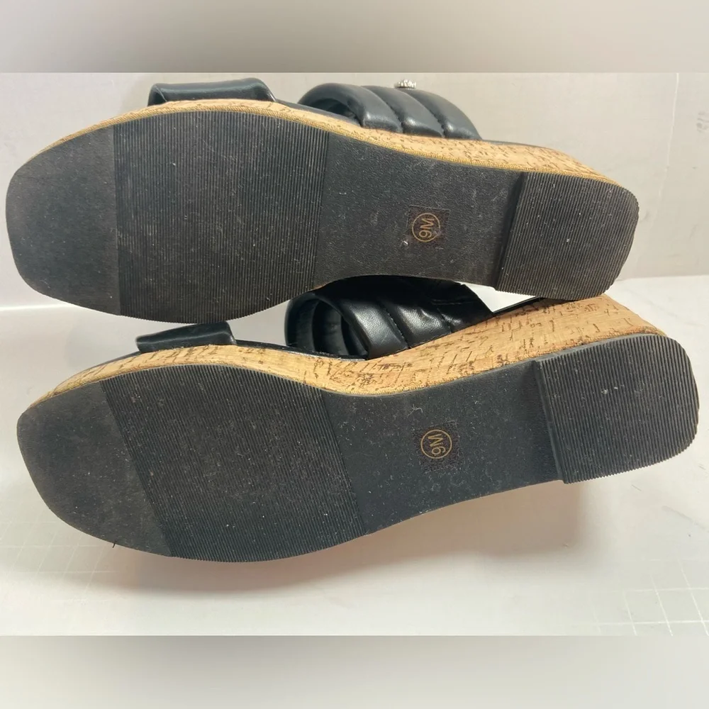 Anne Klein~Neutral~Black~Faux Leather~Open Toe~Slip-On Cork Wedge Sandal~Size 9
